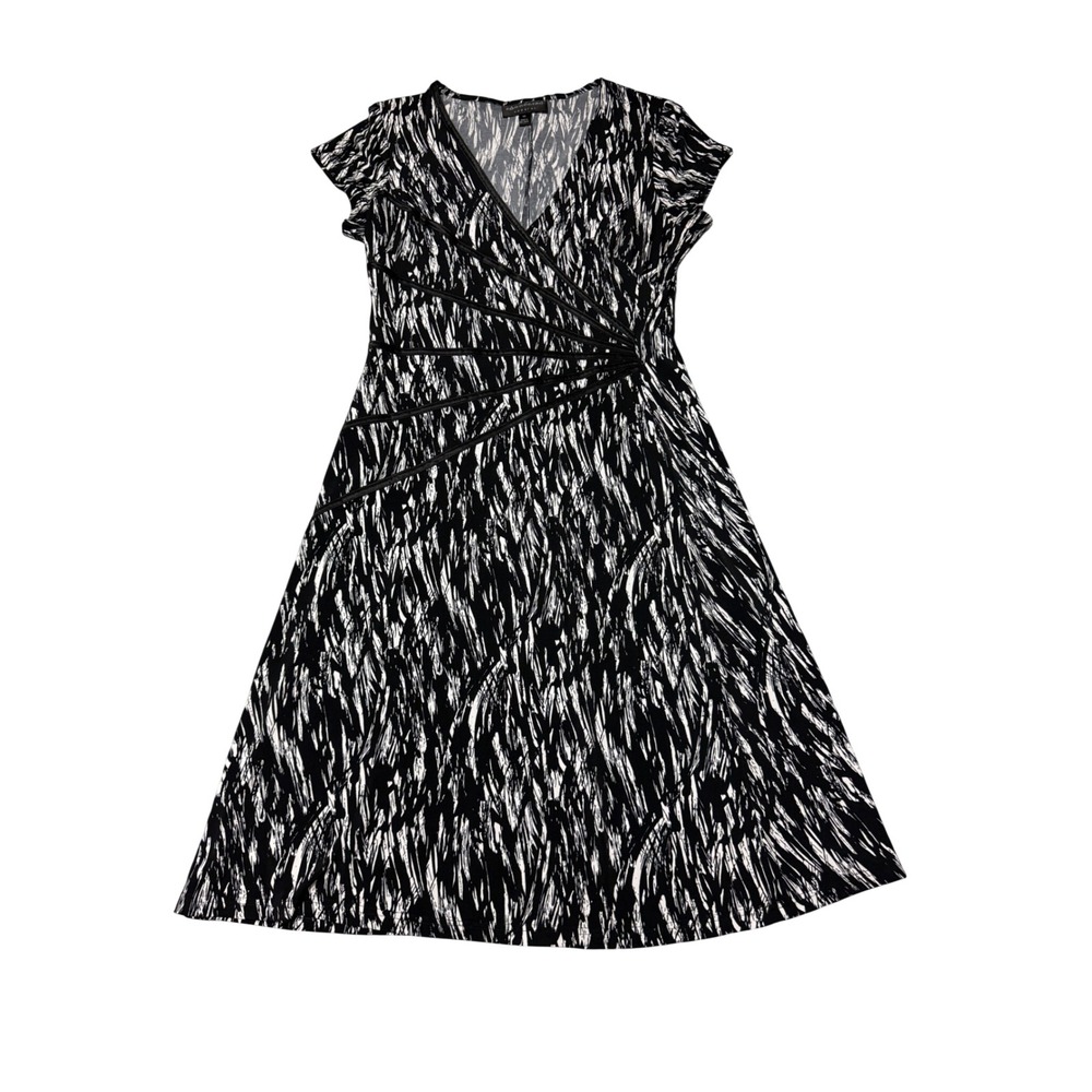Connected Apparel Dress Black White Abstract Print Faux Wrap Size 14